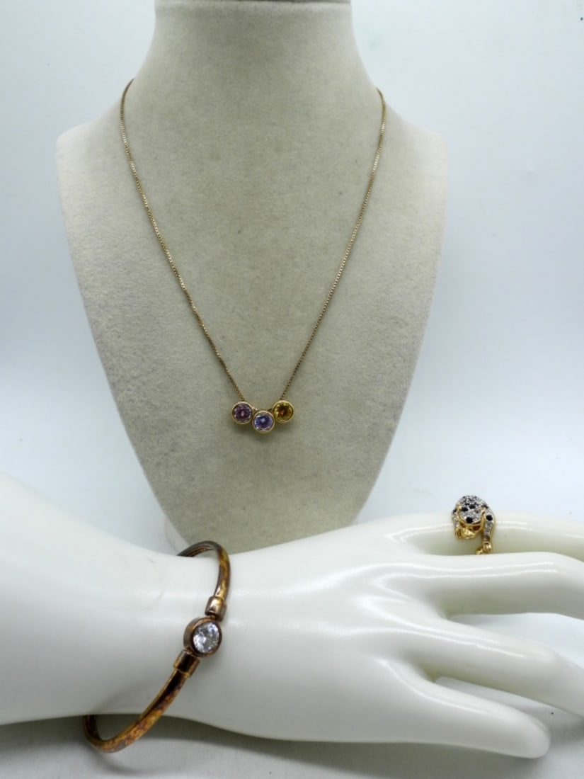 Gold Tone 925 Bracelet & Necklace: Gold tone sterling bangle bracelet with hidden clasp. Ring size 9. Necklace, 18". (13 DWT)