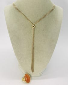 Sterling Gold Tone Carnelian Ring & Necklace