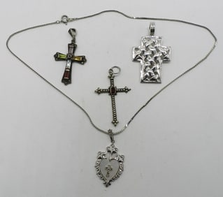 4 Sterling Cross Pendants & Chain