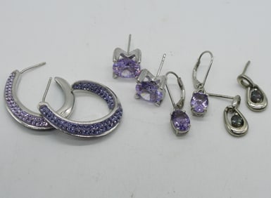 4 Pair Amethyst Sterling Pierced Earrings