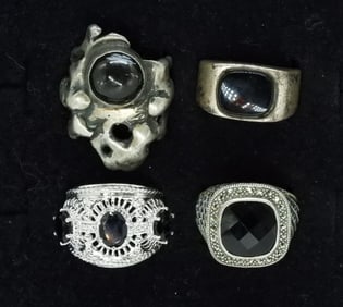 Four Sterling Onyx Gemstone Rings
