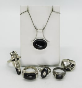 6 Black Onyx 925 Rings and Necklace