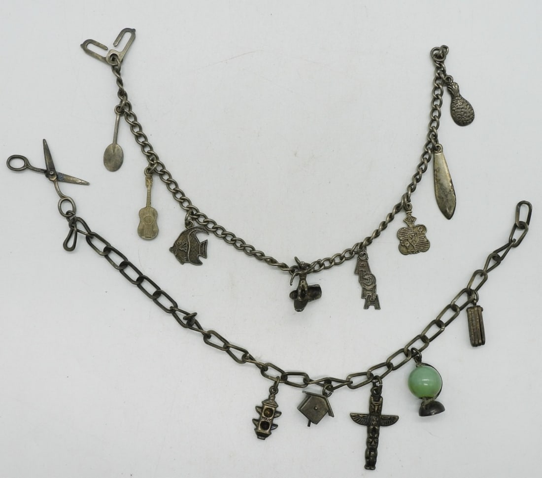 Two Vintage 925 Petite Charm Bracelets: Two sterling vintage charm bracelets, 7" each. (14.5 dwt)