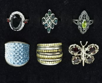 Six Sterling Fashion Rings