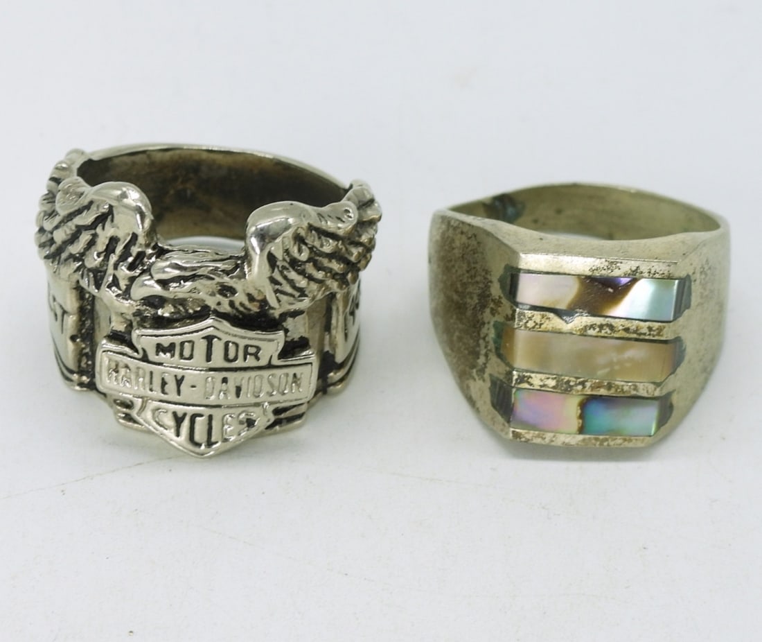Harley Davidson & Abalone 925 Men's Rings: Sterling Harley Davidson ring, size 10. Mexico sterling abalone inlay ring, size 11. (15.6 dwt)