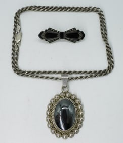 Large Hematite 925 Pendant & Art Deco Pin