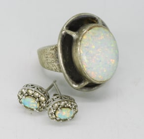 Beautiful Sterling Opal Ring & Earrings