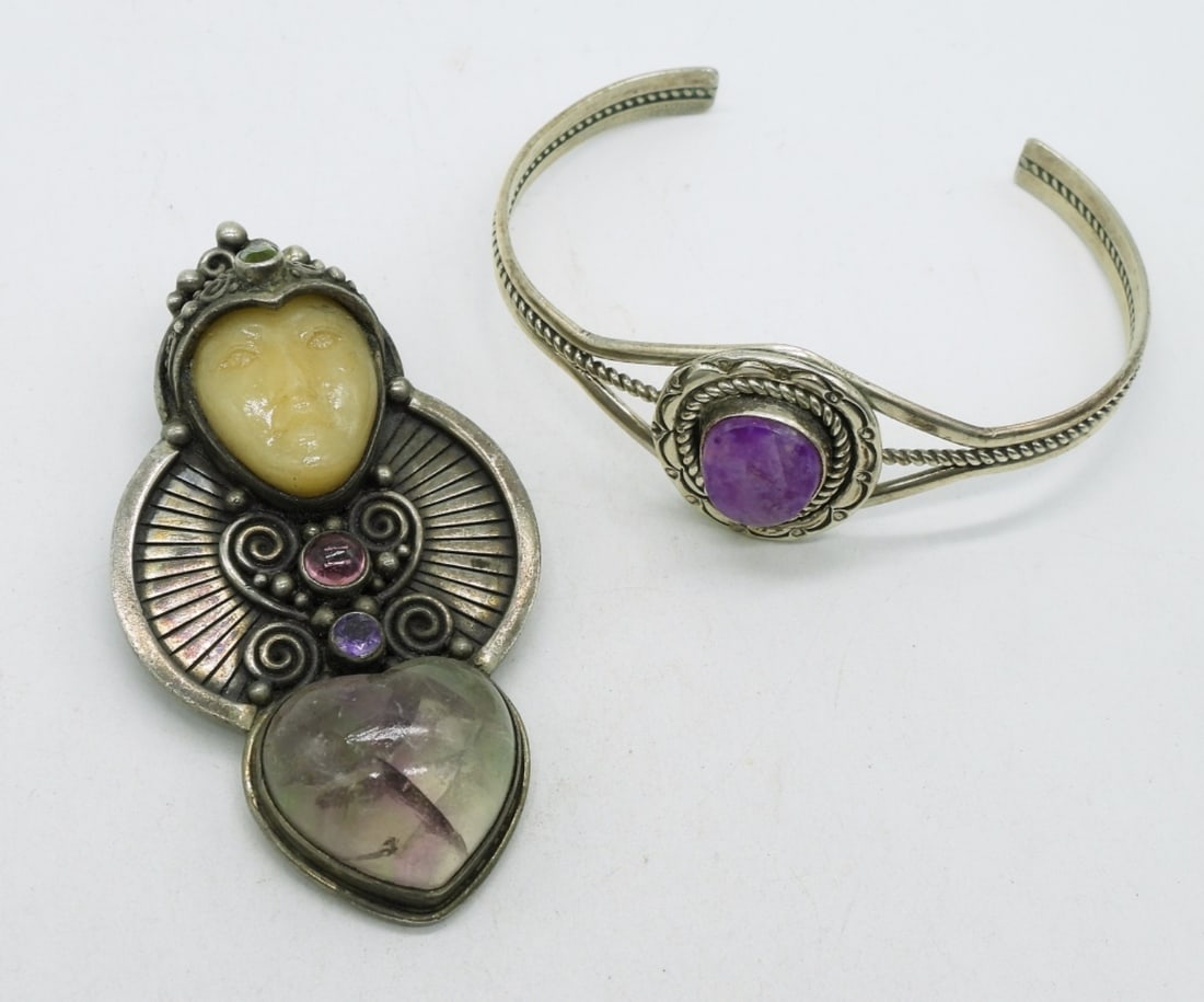 Sajen Moonstone Pin, Sugilite Bracelet: Sajen moonstone sterling pin, 3" long. Sugilite gemstone sterling cuff bracelet. (26.7 dwt)