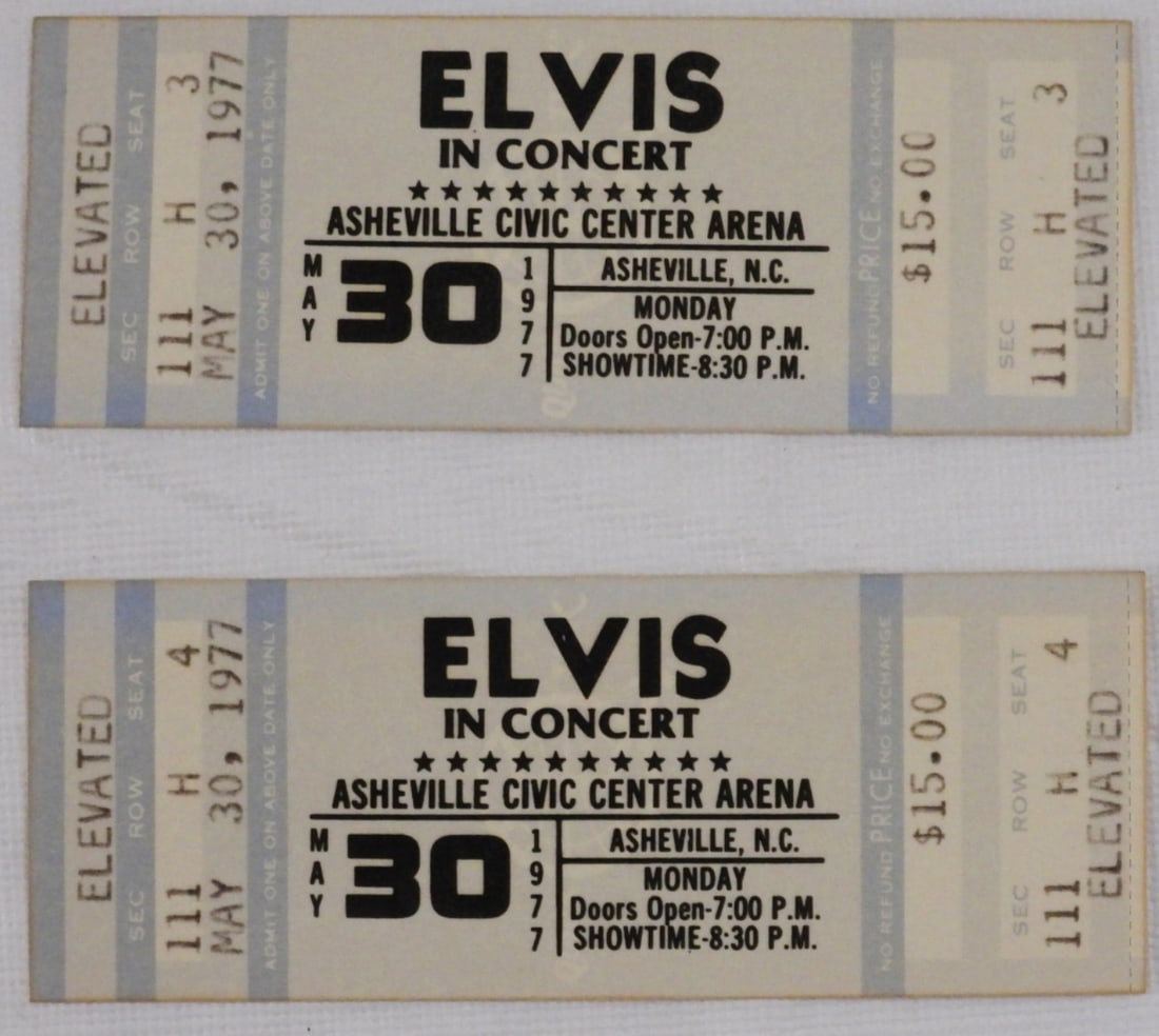 (2) Elvis In Concert, May 30th, 1977 Tickets: Asheville Civic Center Arena, in Asheville N.C.
