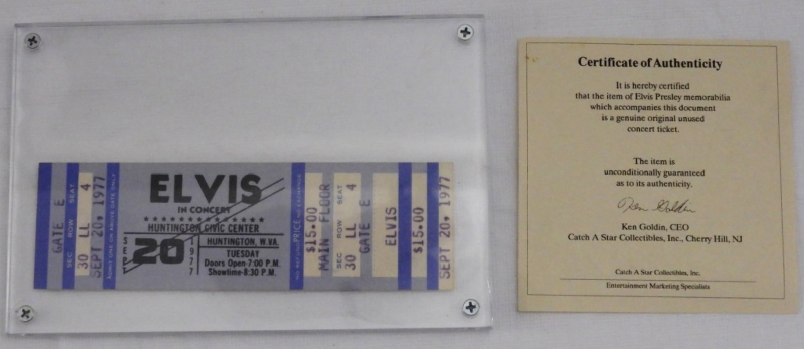 Elvis In Concert, Sept 20th, 1977 Ticket: Huntington Civic Center, W.VA. Main Floor. COA from Catch A Star Collectibles. COA not verifed