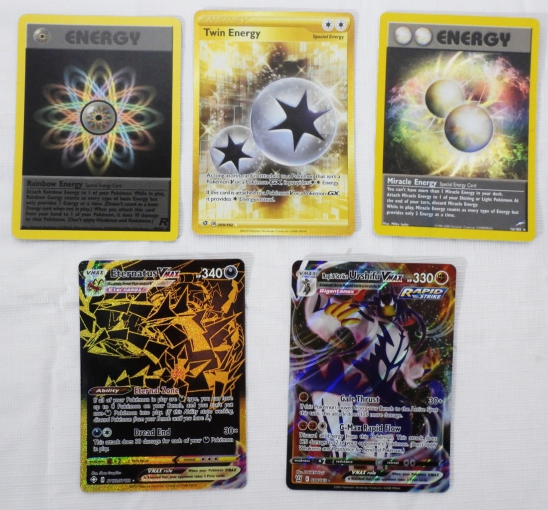 (5) Cards Mixed VMAX & Energy: Urshifu 088/163, Eternatus SV122/SV122, Energy 80/82, Energy 16/105, Twin Energy 209/192.