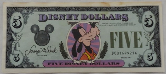 $5 Disney Dollar Goofy Series 1987 Crisp