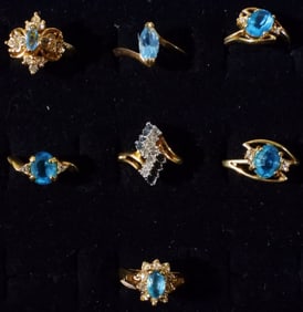 (7) Gold-Tone Rings Aquamarine Color Stones