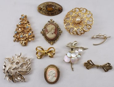 (10) Gold-Tone Brooches
