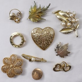 (10) Gold-Tone Brooches