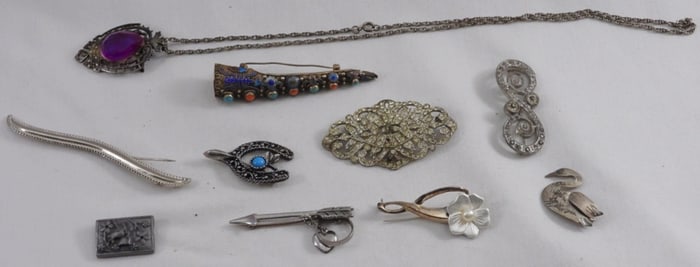 (10) Silver-Tone Brooches & (1) Necklace