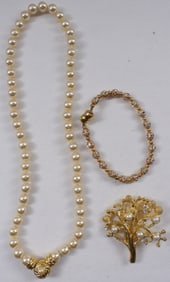 Brooch, Bracelet, Necklace, Faux Pearl Set