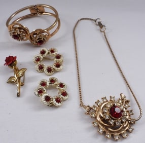 Red Stone Necklace, Bracelet, With (3) Pins