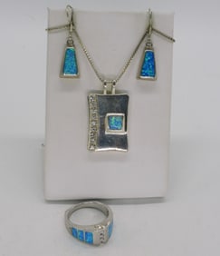 Blue Opal Sterling Ring, Necklace Set