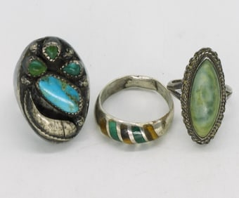 3 Vintage 925 Rings with Turquoise & More