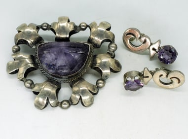 Amethyst Sterling Brooch Pendant & Earrings