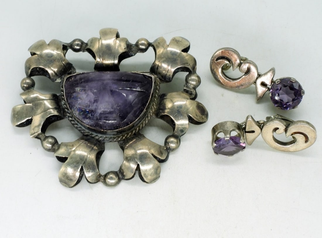 Amethyst Sterling Brooch Pendant & Earrings (1 of 2)