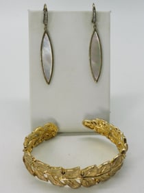 Gold Tone 925 Gemstone Cuff & Earrings