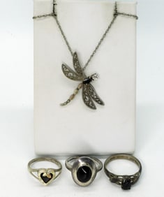 Vintage 925 Dragonfly Necklace & Rings
