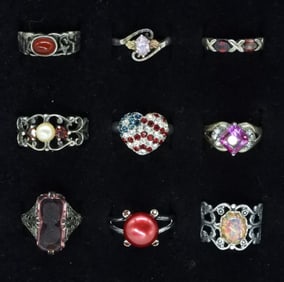 9 Sterling Rings with Red & Pink Gemstones