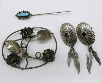 Sterling Rose Brooch, Earrings & Stick Pin