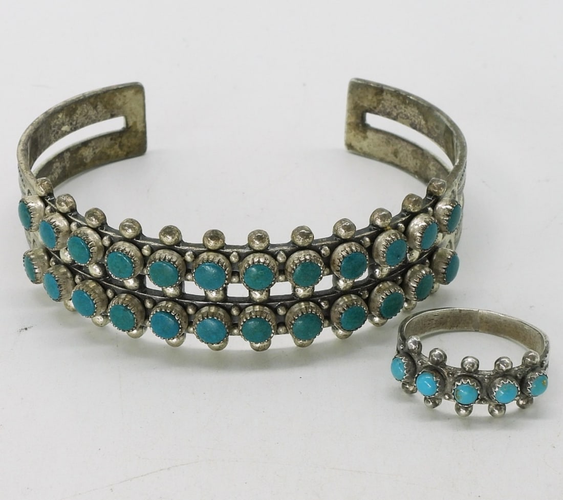 Turquoise Vintage Sterling Bracelet & Ring: Turquoise vintage sterling cuff bracelet and a matching ring, size 6. (17.7 dwt)
