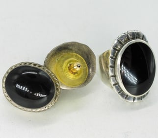 Black Onyx 925 Ring & Pierced Earrings