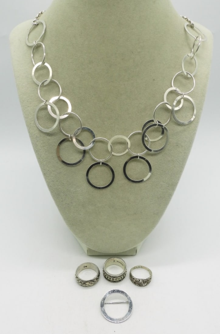 Fashion Rings & Necklace - Sterling: Three sterling fashion rings, sizes 6-7. Brooch is 1". Necklace is 20". (25.1 dwt)