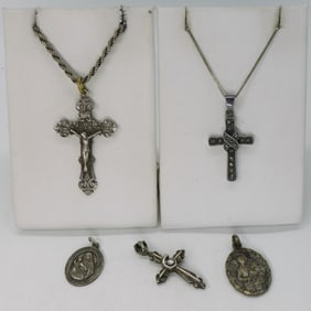 5 Sterling Religious Pendants & Chains