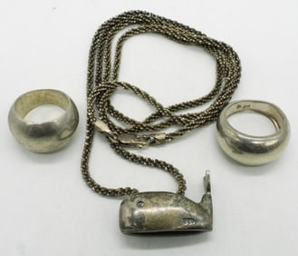Sterling Whale Necklace & Plain Rings