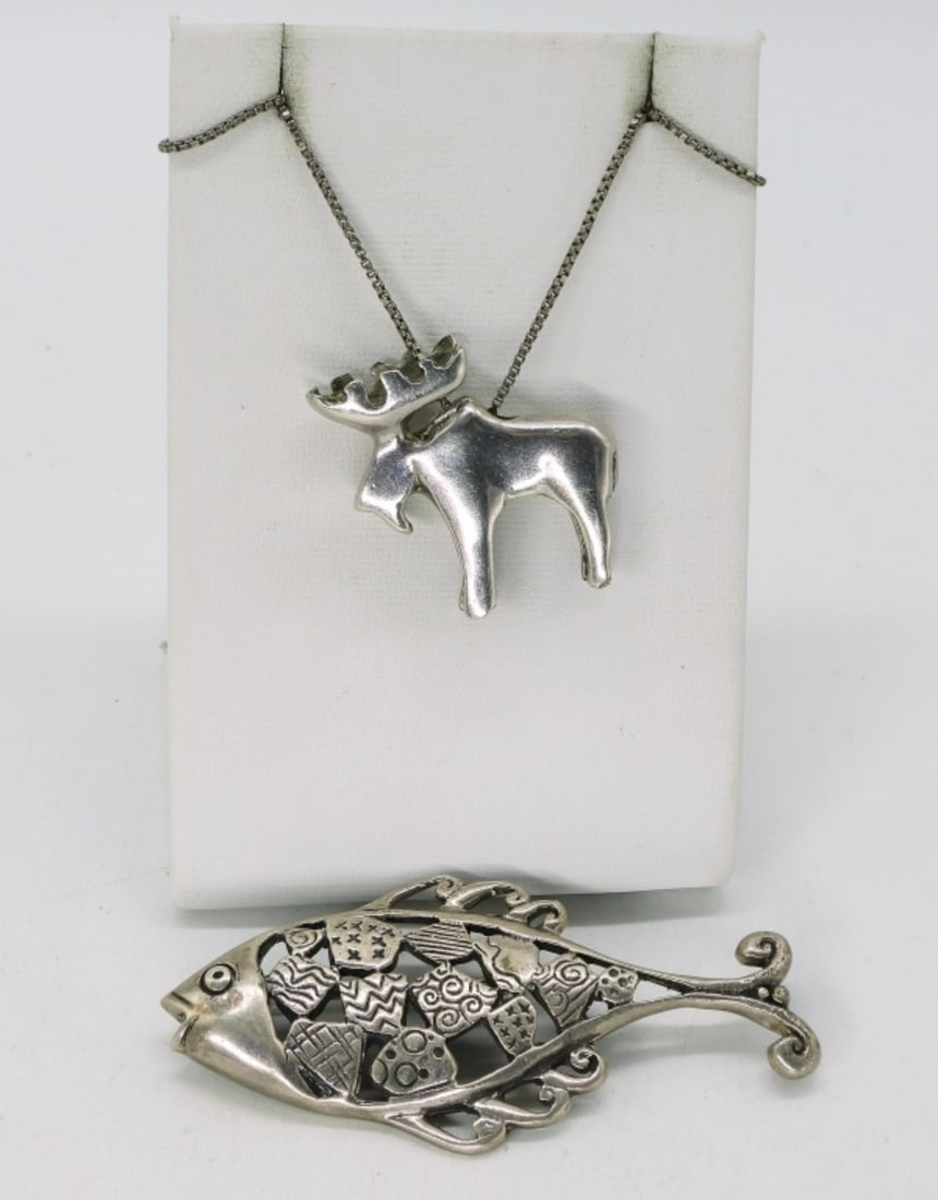 Adorable Moose 925 Necklace & Fish Pin: Heavy moose pendant (1") on a 26" chain. Fish pin, 2.5". (20.7 dwt)