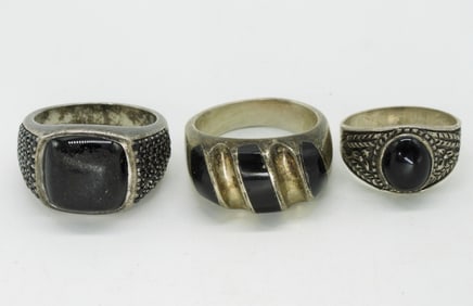 3 Sterling Black Onyx Rings
