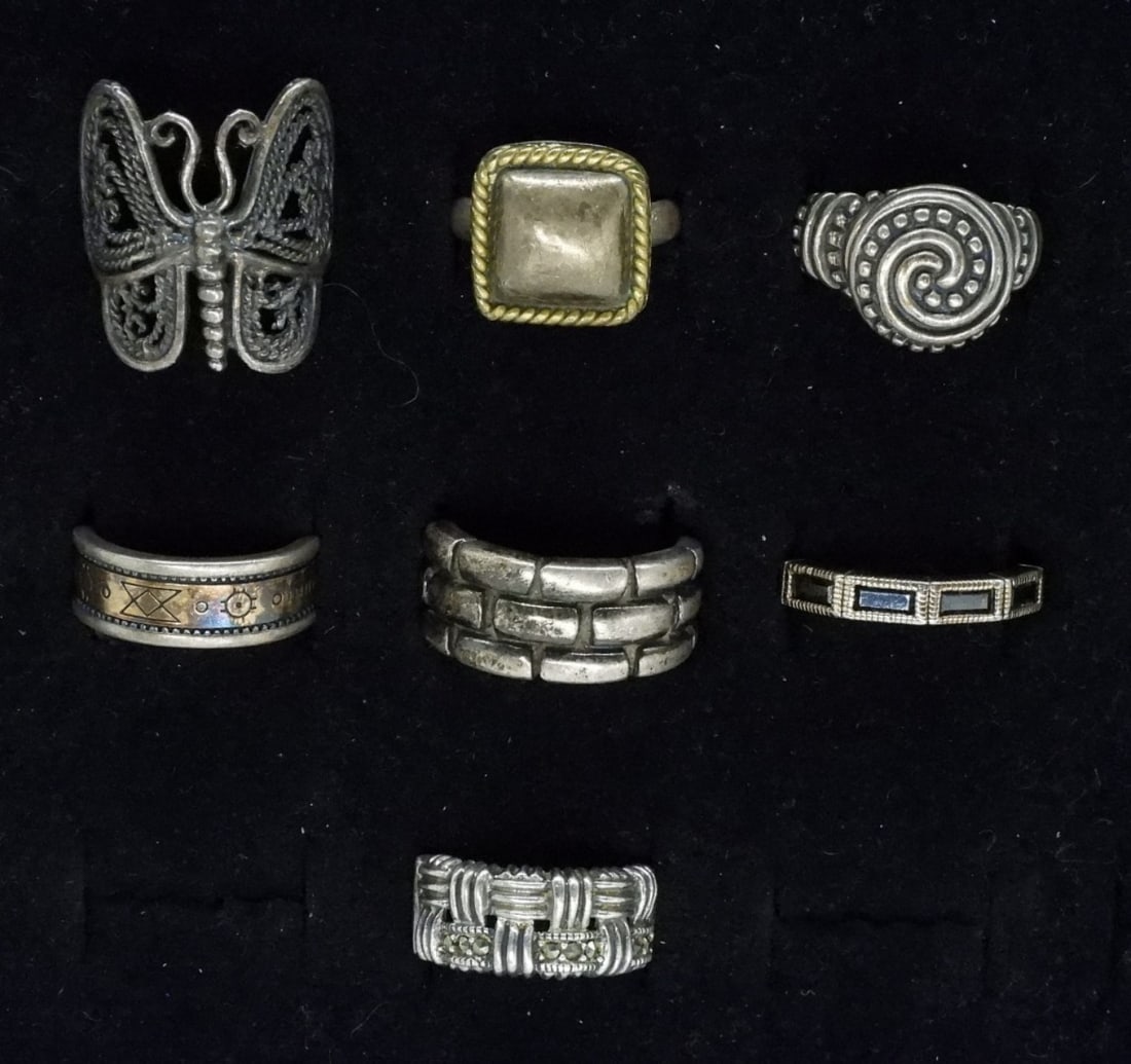 7 Sterling Fashion Rings: Seven sterling fashion rings. Sizes 6-9. (32 dwt)