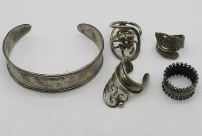 Sterling Rings and Etched Cuff Bracelet