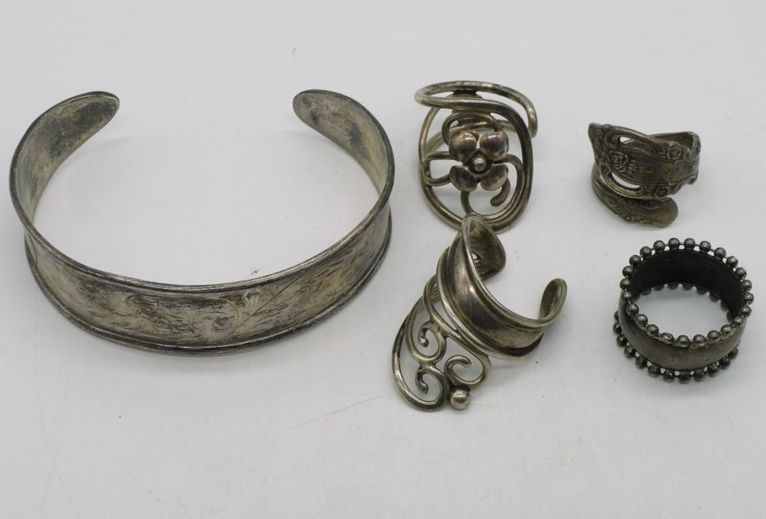 Sterling Rings and Etched Cuff Bracelet: Rings are adjustable and size 7. (27.3 dwt)