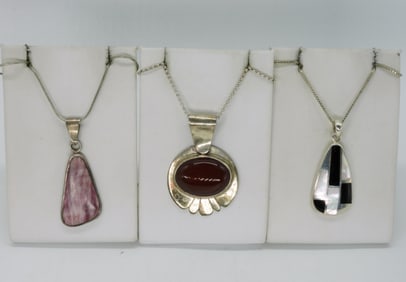 3 Sterling Gemstone Pendant Necklaces