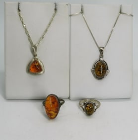 Vintage Amber Sterling Rings & Necklaces
