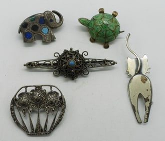 5 Sterling Vintage Brooches