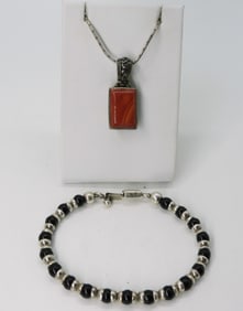 Black Onyx 925 & Red Gemstone Necklace