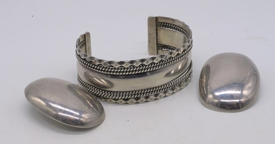 Taxco 925 Clip On Earrings & Cuff Bracelet