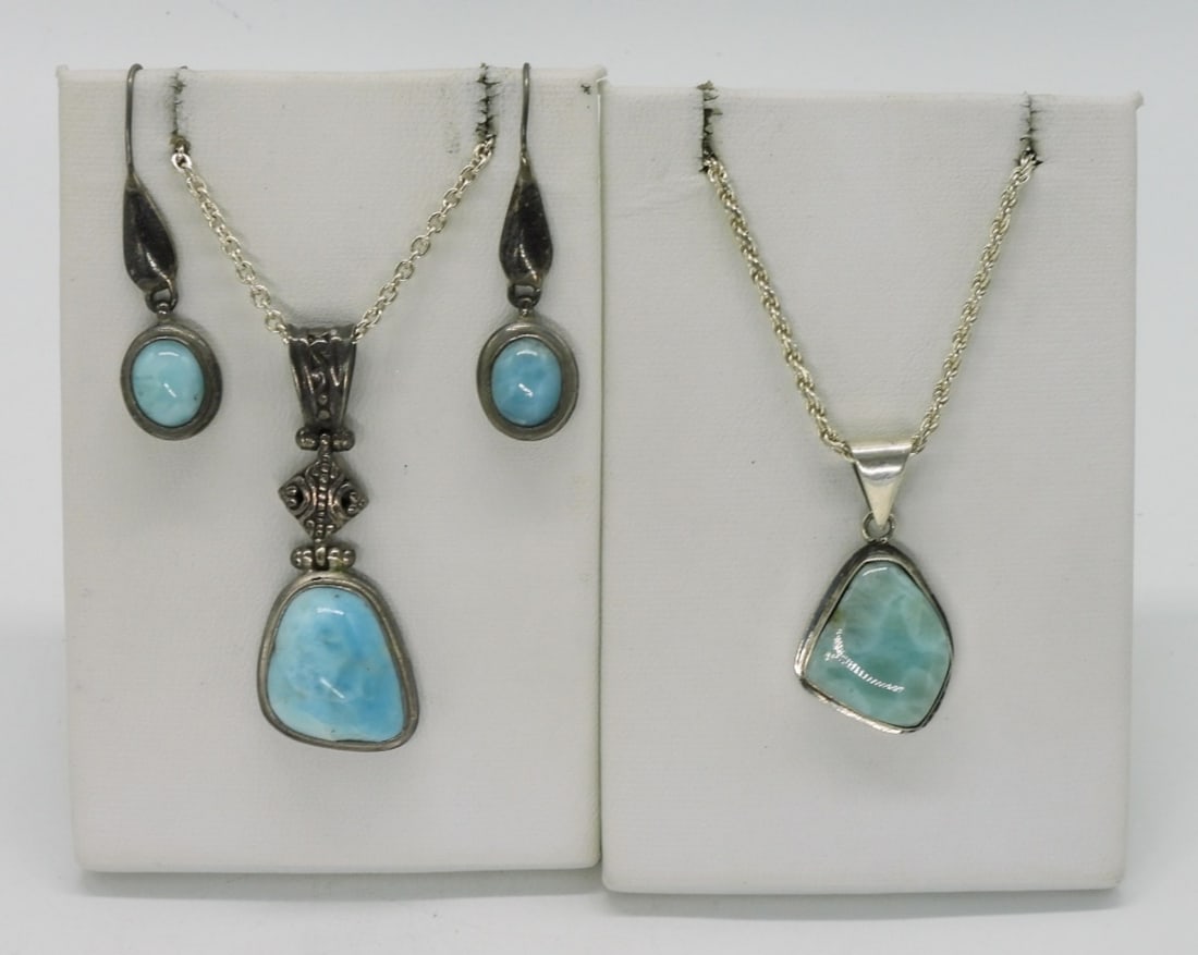 Larimar Sterling Necklaces & Earrings: Two sterling Larimar necklaces, 18" chains. Pierced Larimar earrings, 1.5". (19 dwt)