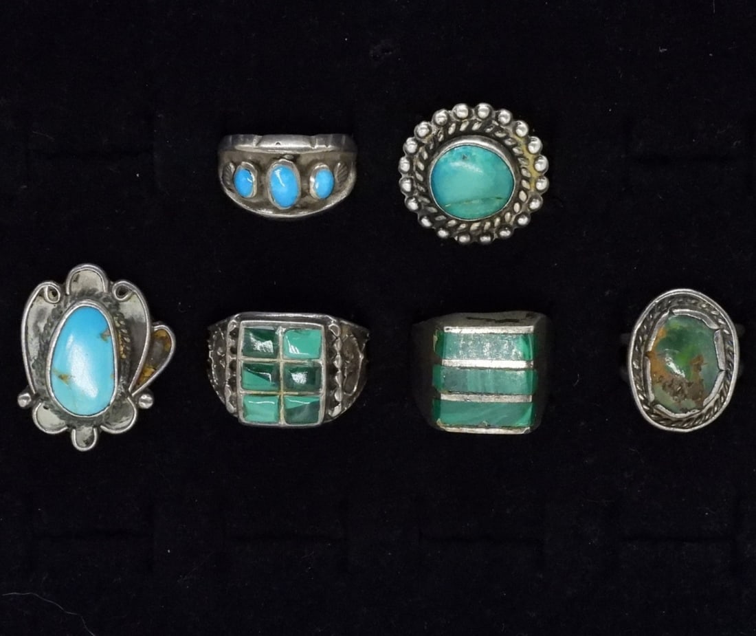 Turquoise & Malachite 925 Vintage Rings: Five sterling vintage rings, malachite and turquoise gemstones. Sizes 5-11.5 (31 dwt)