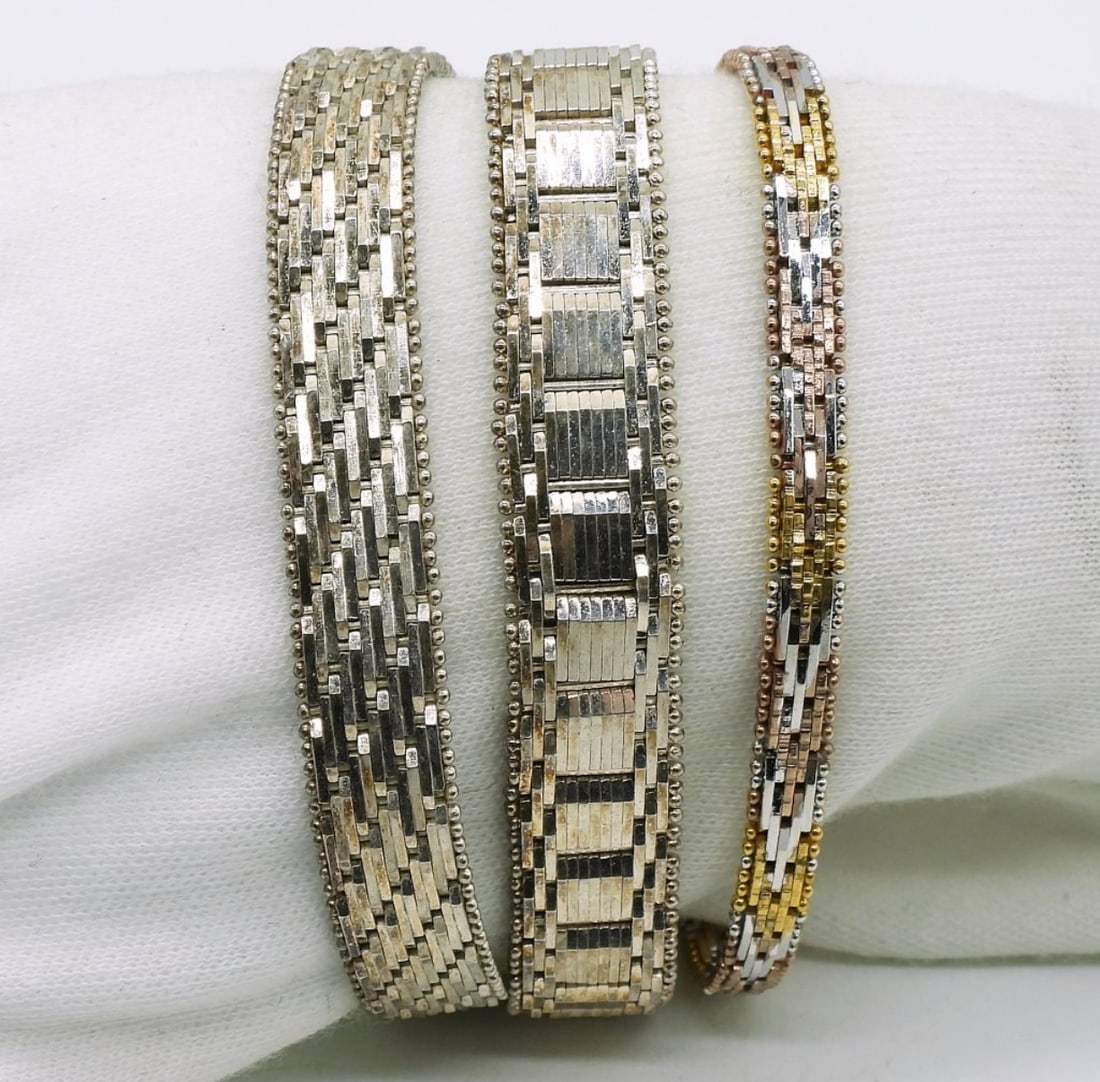 3 Sterling Woven Bracelets: Three sterling woven bracelets, 7". (38.9 dwt)
