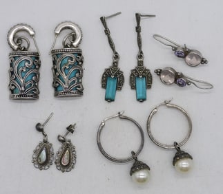 5 Pair 925 Marcasite Gemstone Earrings