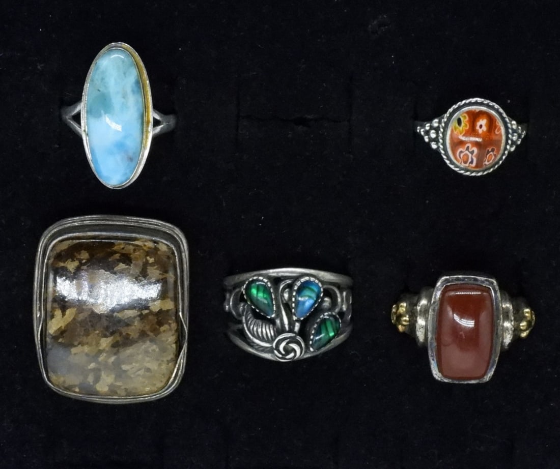 Carnelian, Larimar, Abalone 925 Rings: Five sterling gemstone rings, sizes 6.5 - 8. Carnelian, larimar, green / blue abalone and unknown. (26 dwt)